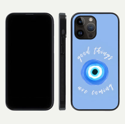 Bright Future Ahead Glass Case for iPhone 14 Pro Max front-and-back layout showing clean font style and gloss shine