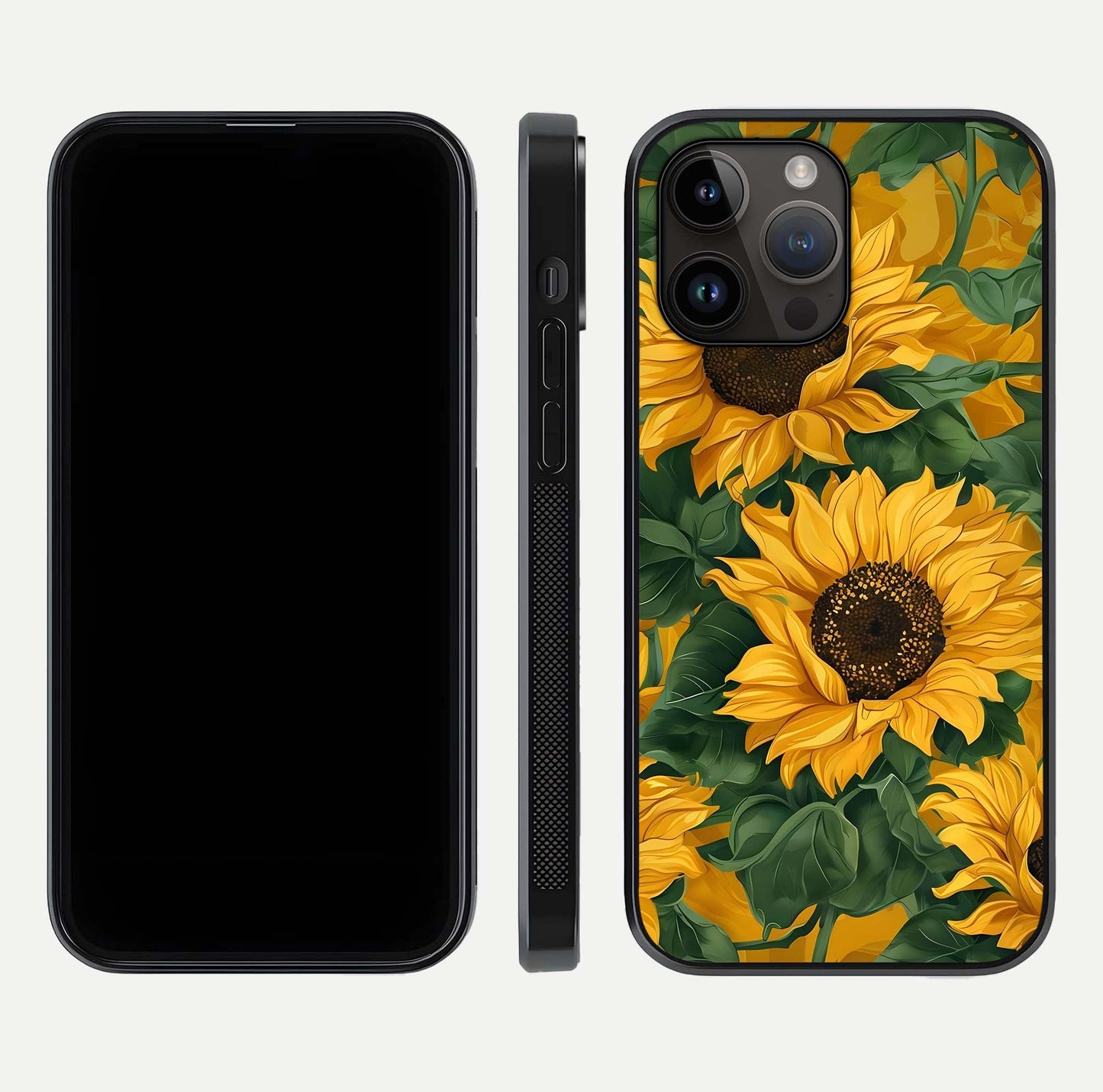 Bright Sunflower Bloom Glass Case for iPhone 14 Pro Max dual-view layout displaying floral glow and curved glass edge