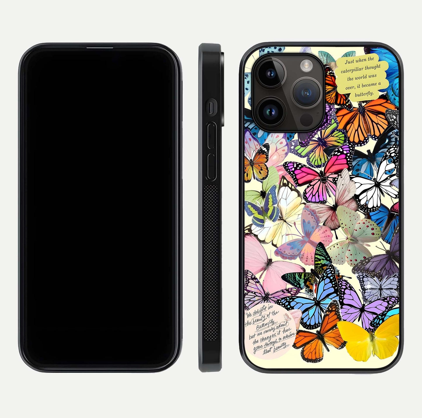 Butterflies Petal Dream Glass Case for iPhone 14 Pro Max front-and-back layout showcasing floral spread and reflection shine