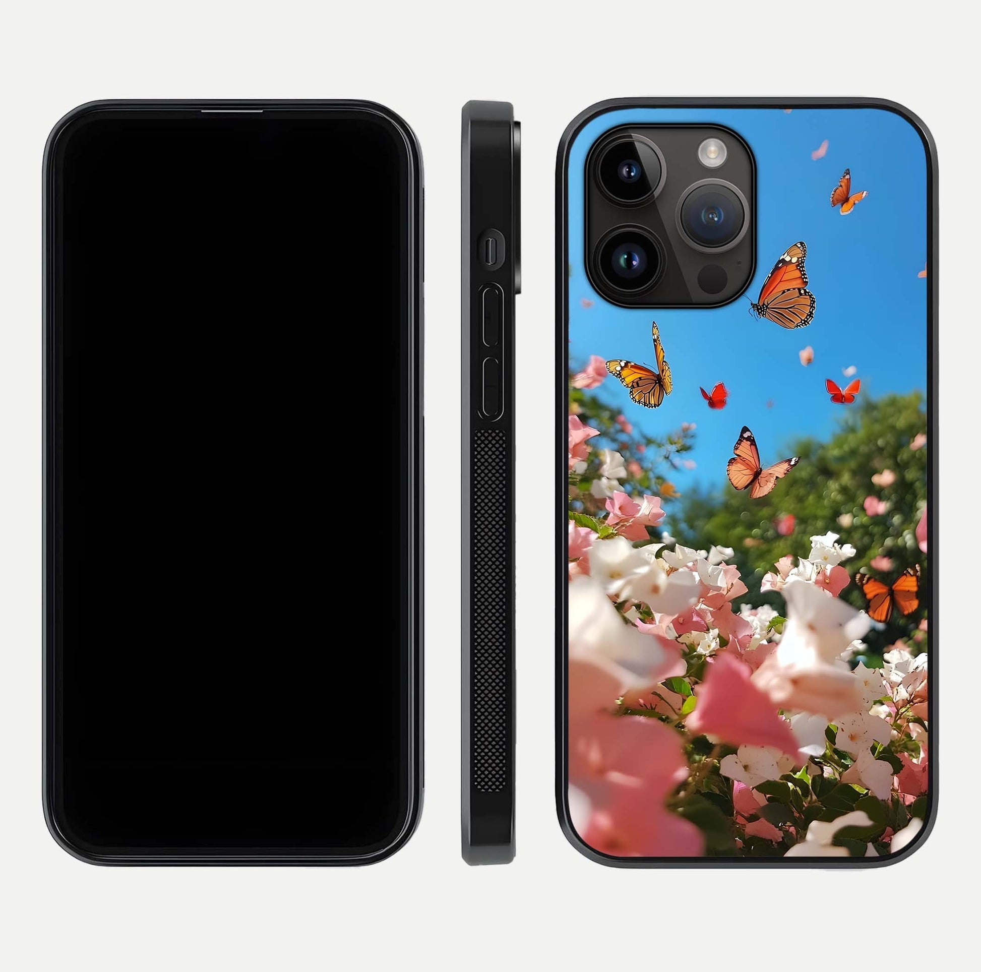 Butterflies in Bloom Sky Glass Case for iPhone 14 Pro Max dual-view layout displaying elegant composition and glass gloss