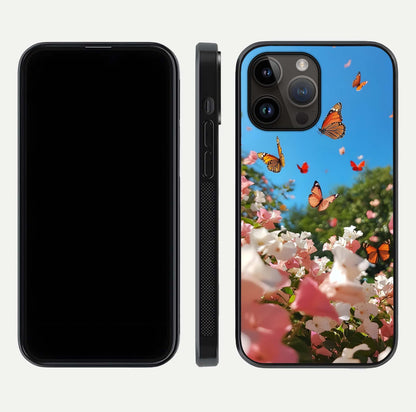 Butterflies in Bloom Sky Glass Case for iPhone 14 Pro Max dual-view layout displaying elegant composition and glass gloss