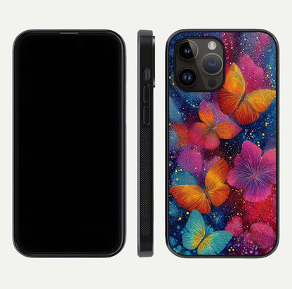 Butterfly Dream Mist Glass Case for iPhone 14 Pro Max dual-view layout showing mist background and edge polish