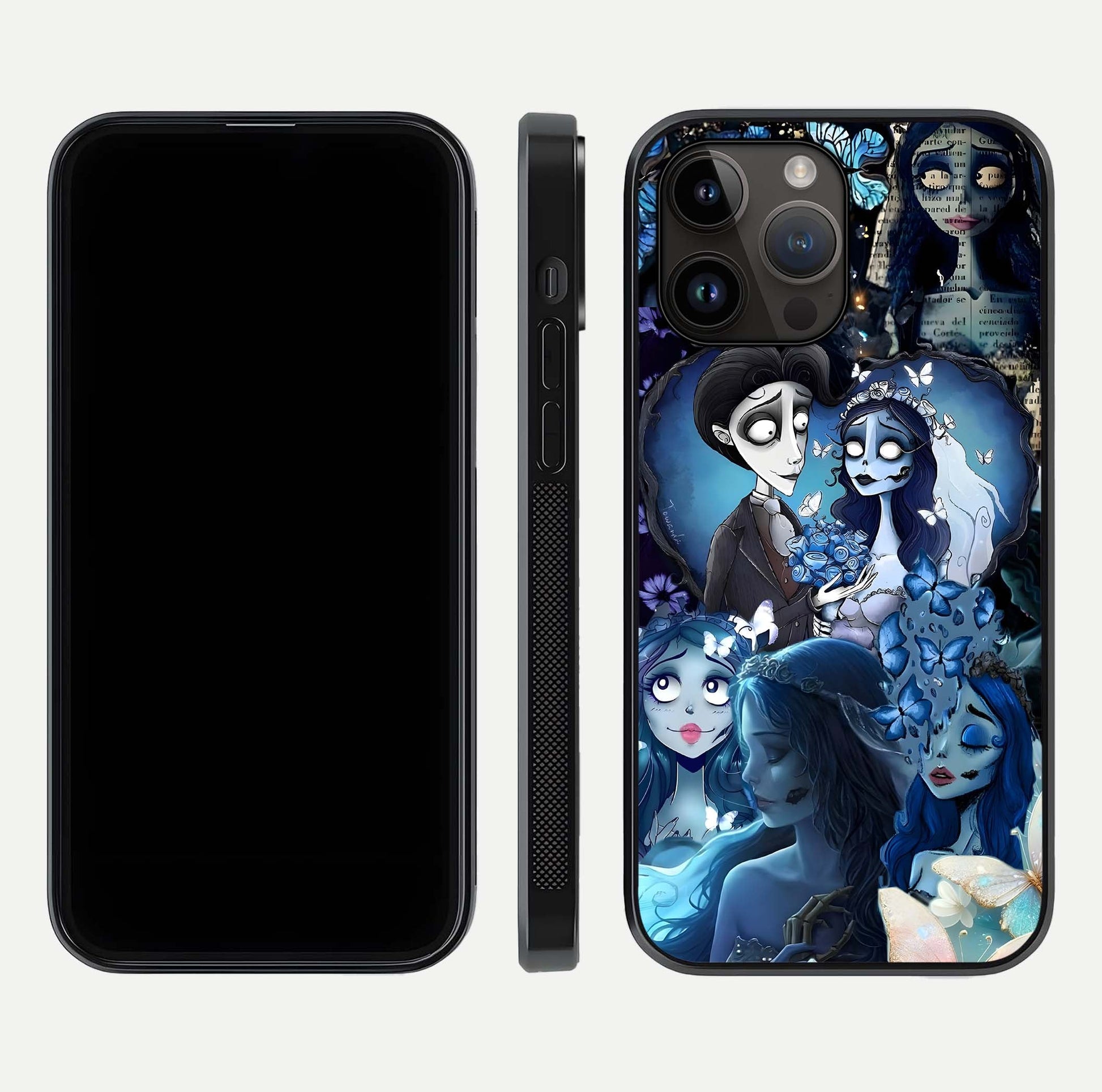 Butterfly Ghost Soul Glass Case for iPhone 14 Pro Max front-and-back layout highlighting dark art balance and HD shine