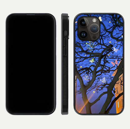 Butterfly Night Magic Glass Case for iPhone 14 Pro Max dual-view layout displaying balanced art and edge clarity