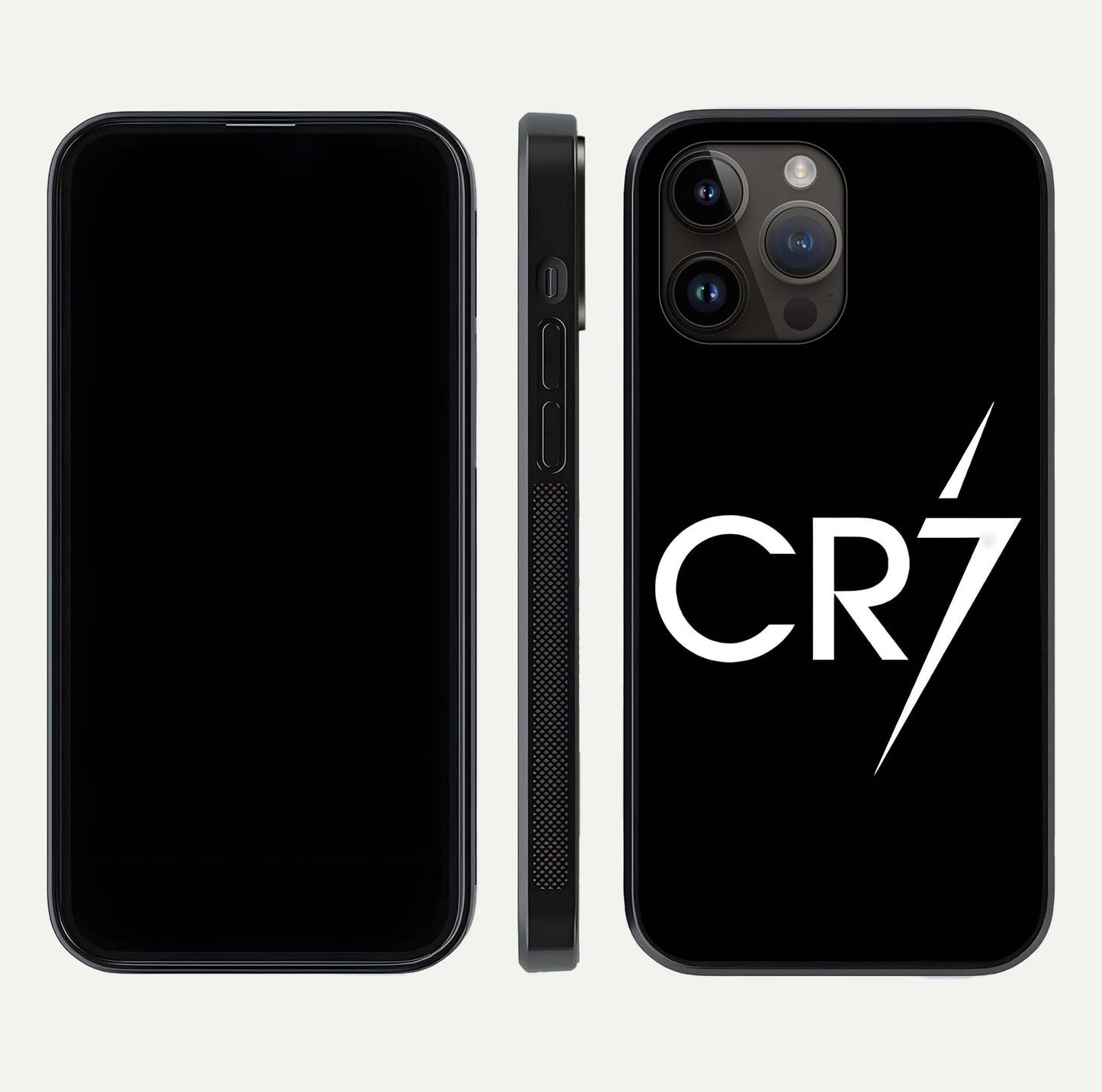 CR7 Elite Strike Glass Case for iPhone 14 Pro Max dual-view layout showing sport tones and edge clarity