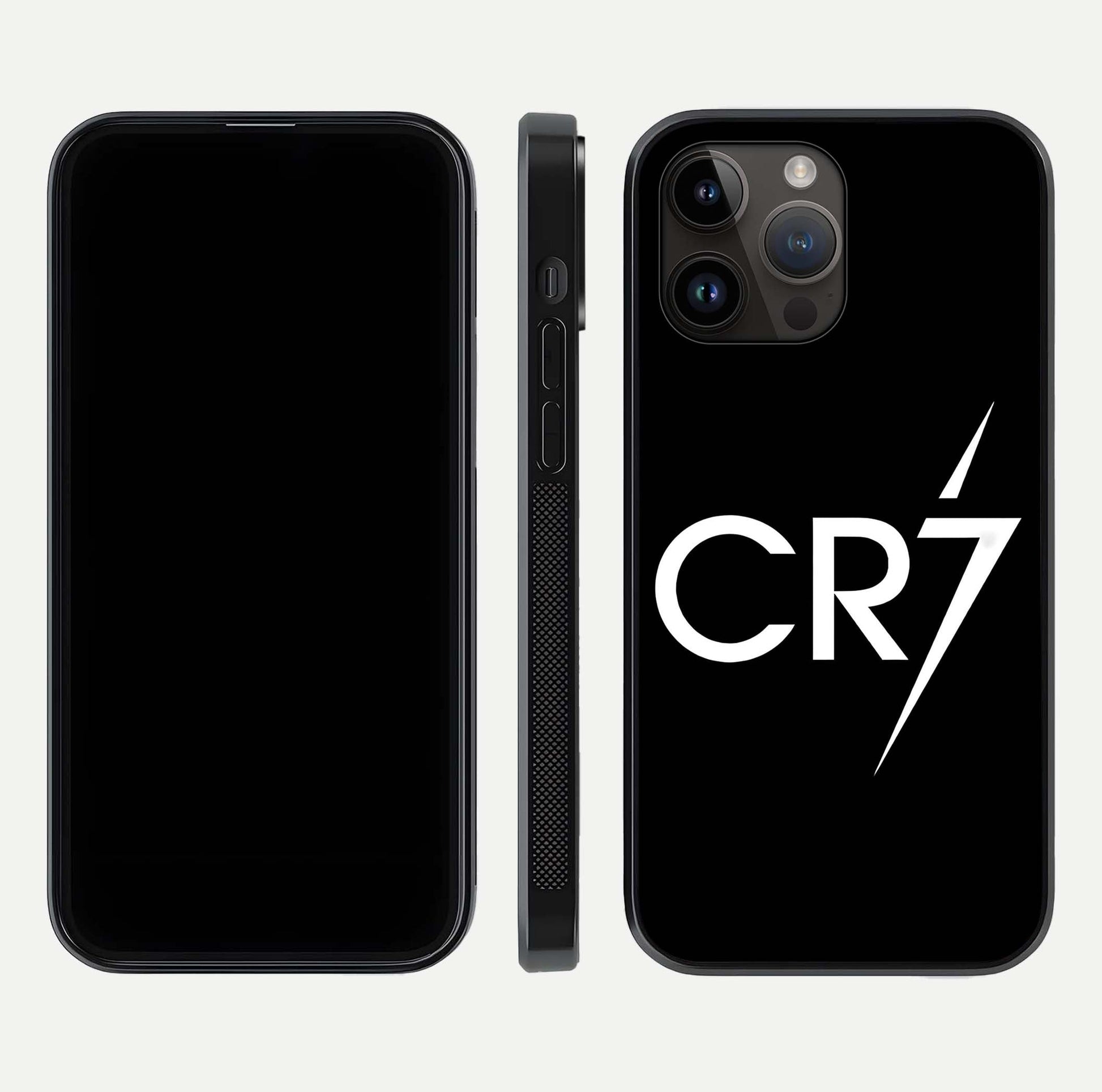 CR7 Elite Strike Glass Case for iPhone 14 Pro Max dual-view layout showing sport tones and edge clarity