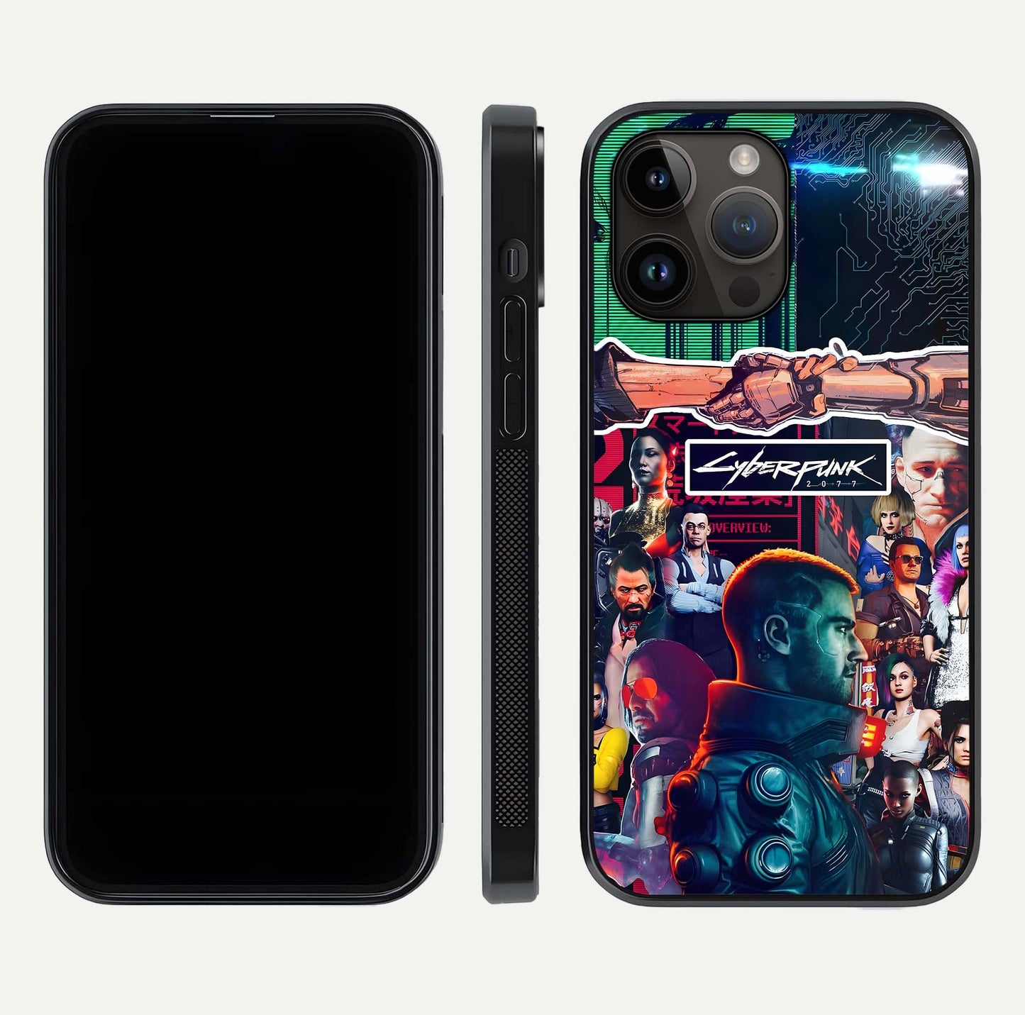 CYBERPUNK Legacy Glass Case for iPhone 14 Pro Max dual-view layout showing cyberpunk hues and glass precision