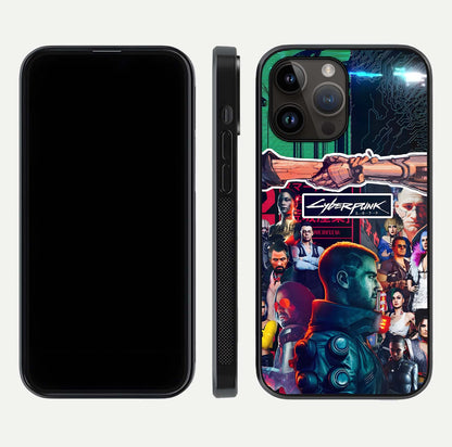 CYBERPUNK Legacy Glass Case for iPhone 14 Pro Max dual-view layout showing cyberpunk hues and glass precision