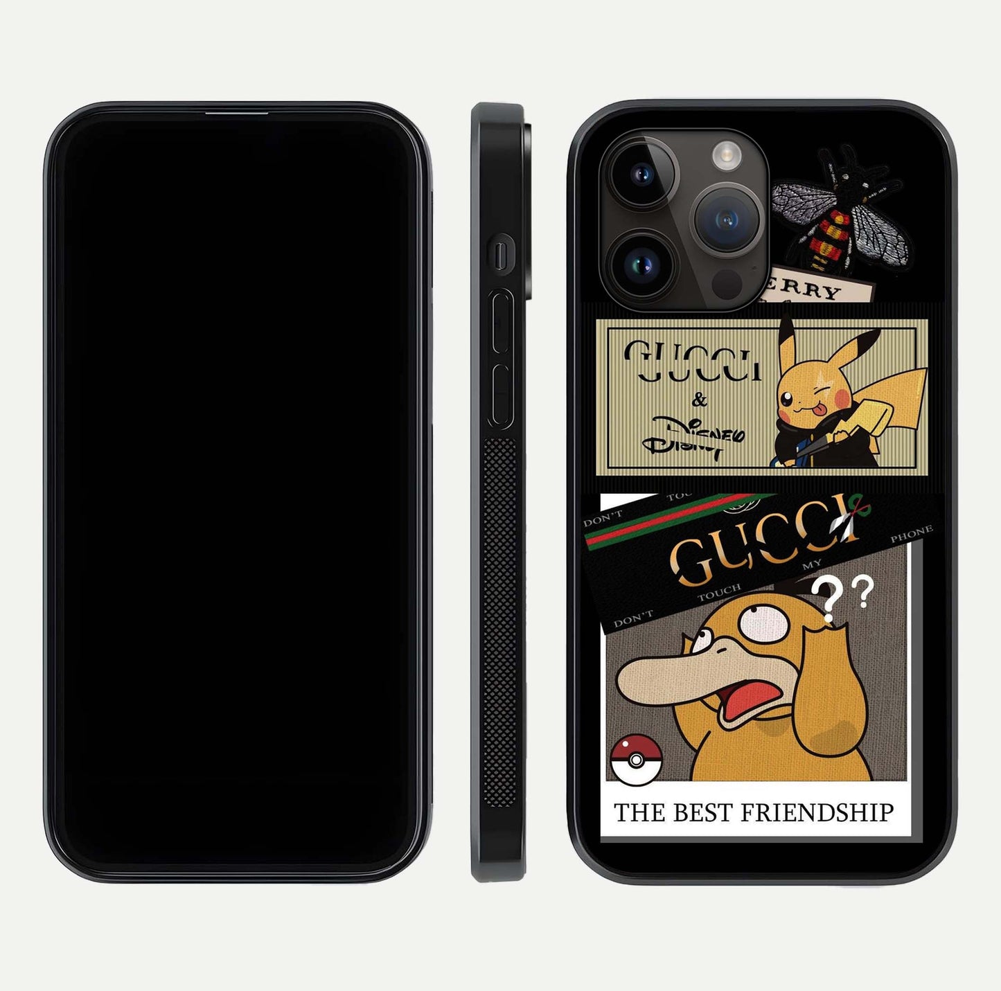 Cartoon Brand Play Mashup Glass Case for iPhone 14 Pro Max front and back view layout highlighting multi-logo artwork and curved edges