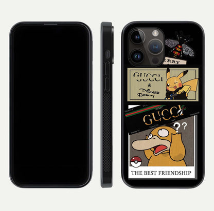 Cartoon Brand Play Mashup Glass Case for iPhone 14 Pro Max front and back view layout highlighting multi-logo artwork and curved edges