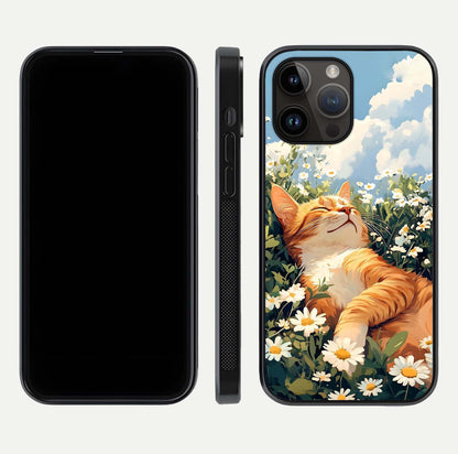 Cat & Flowers View Glass Case for iPhone 14 Pro Max front-and-back layout showing floral balance and gloss surface
