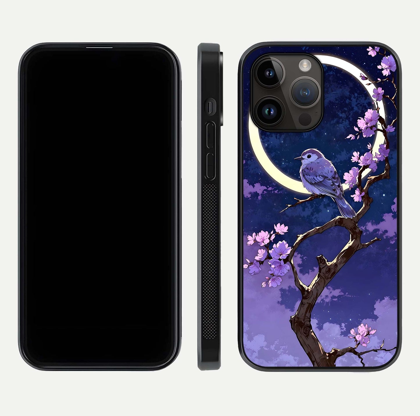 Celestial Bird Blossom Glass Case for iPhone 14 Pro Max dual-view layout showing art composition and edge clarity