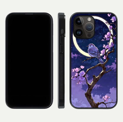 Celestial Bird Blossom Glass Case for iPhone 14 Pro Max dual-view layout showing art composition and edge clarity