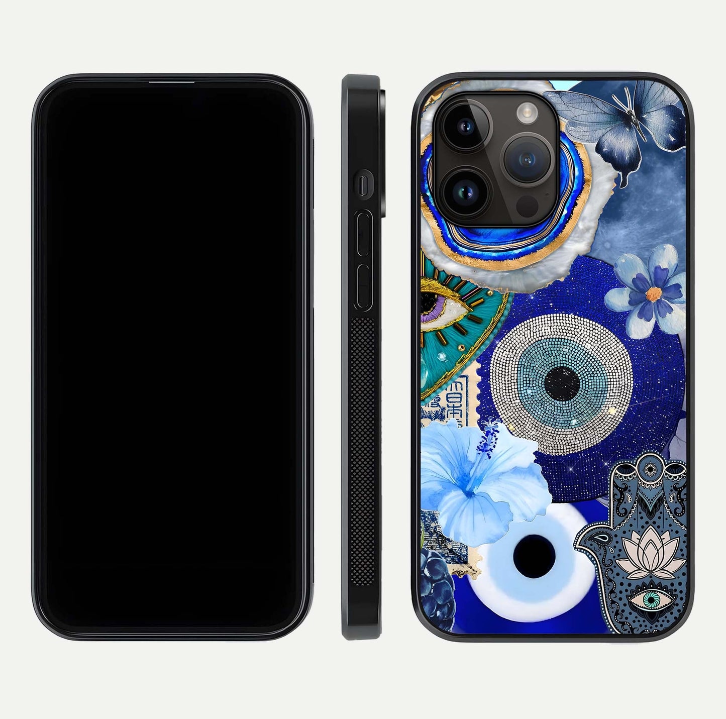 Celestial Blue Vision Glass Case for iPhone 14 Pro Max dual-view layout showing celestial gradient and curved edges