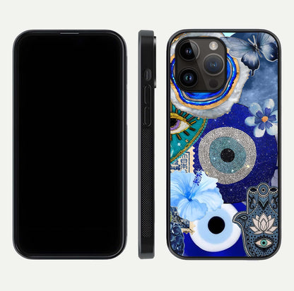 Celestial Blue Vision Glass Case for iPhone 14 Pro Max dual-view layout showing celestial gradient and curved edges