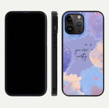 Celestial Cloud Magic Glass Case for iPhone 14 Pro Max dual-view layout showcasing soft color transition and gloss shine