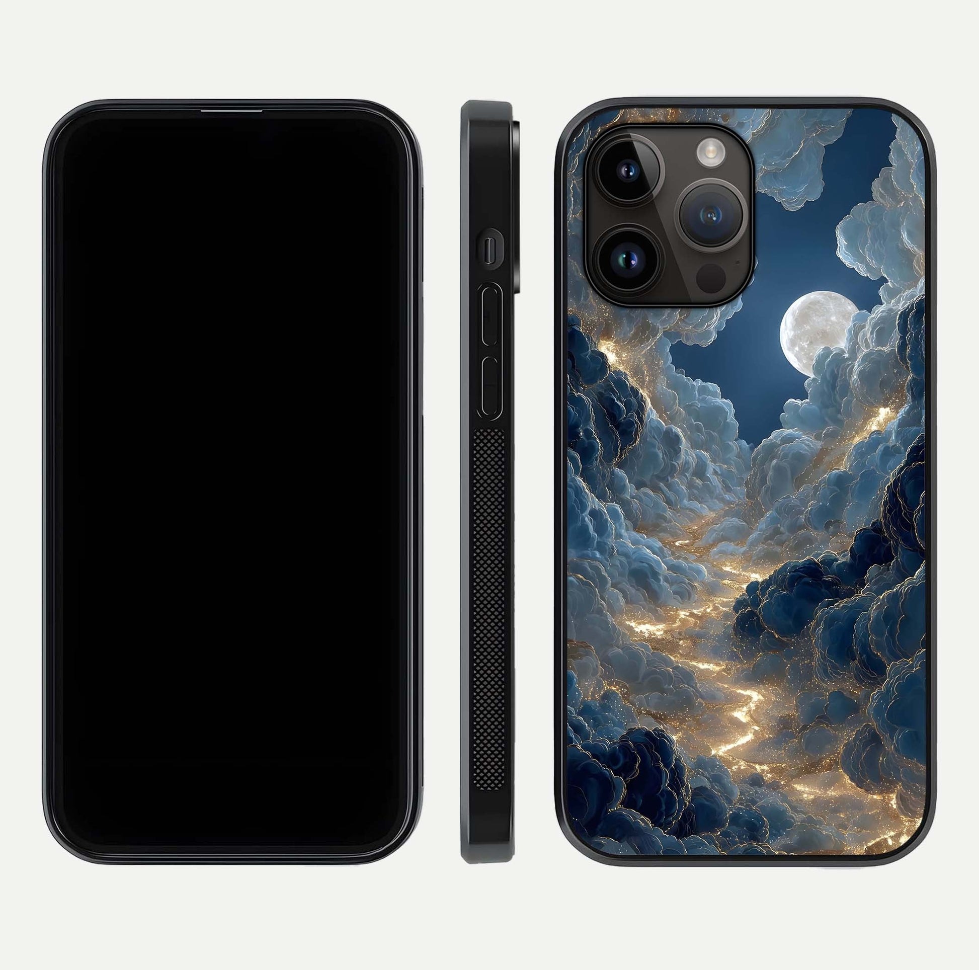 Celestial Cloud Road Glass Case for iPhone 14 Pro Max front-and-back layout displaying balance between light and depth
