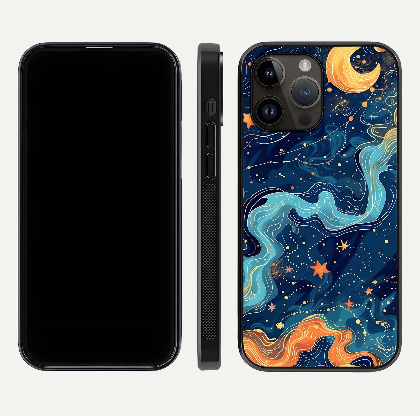 Celestial Dream Flow Glass Case for iPhone 14 Pro Max dual-view layout showing abstract flow and curved glass