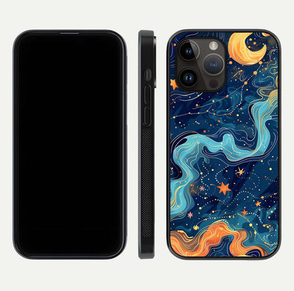 Celestial Dream Flow Glass Case for iPhone 14 Pro Max dual-view layout showing abstract flow and curved glass