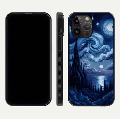 Celestial Dream Van Gogh Glass Case for iPhone 14 Pro Max dual-view layout displaying art texture and glass polish