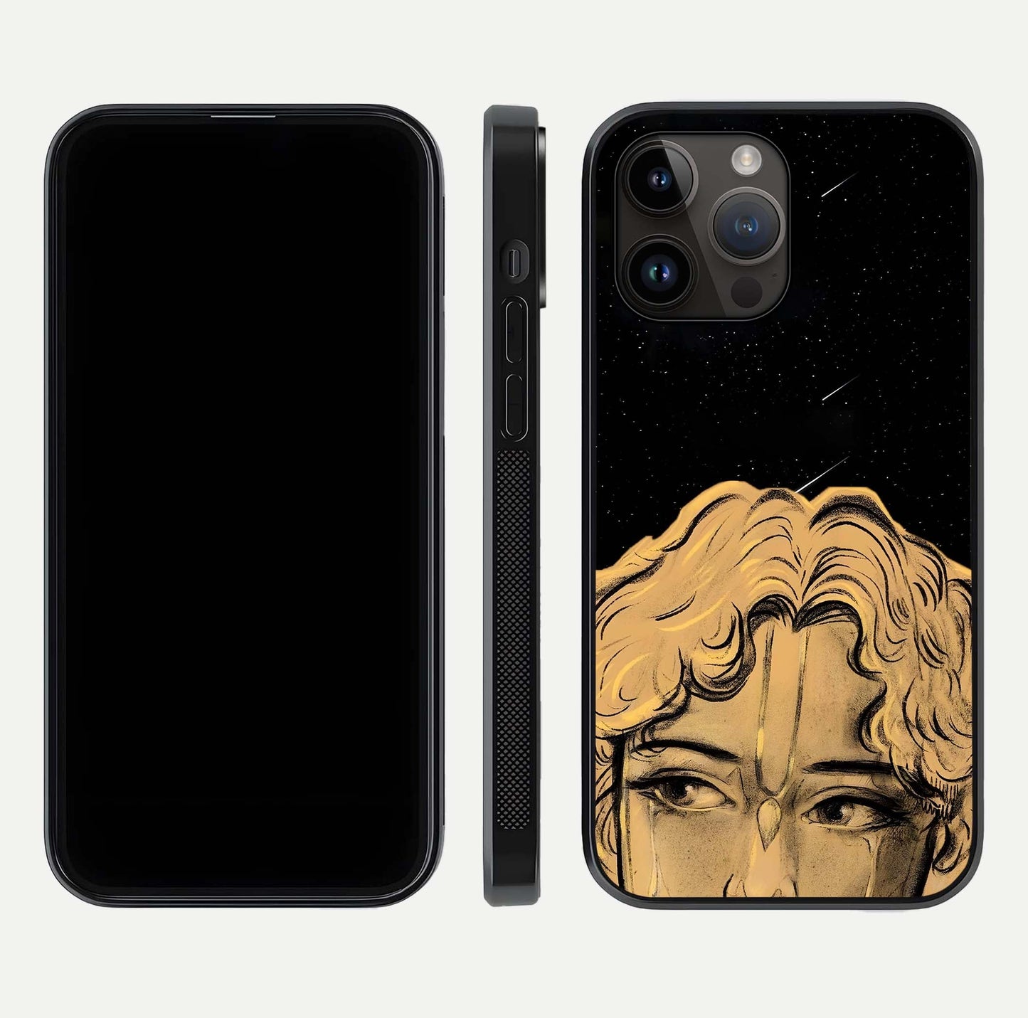 Celestial God’s Plan Glass Case for iPhone 14 Pro Max front & back layout showing smooth finish and spiritual art