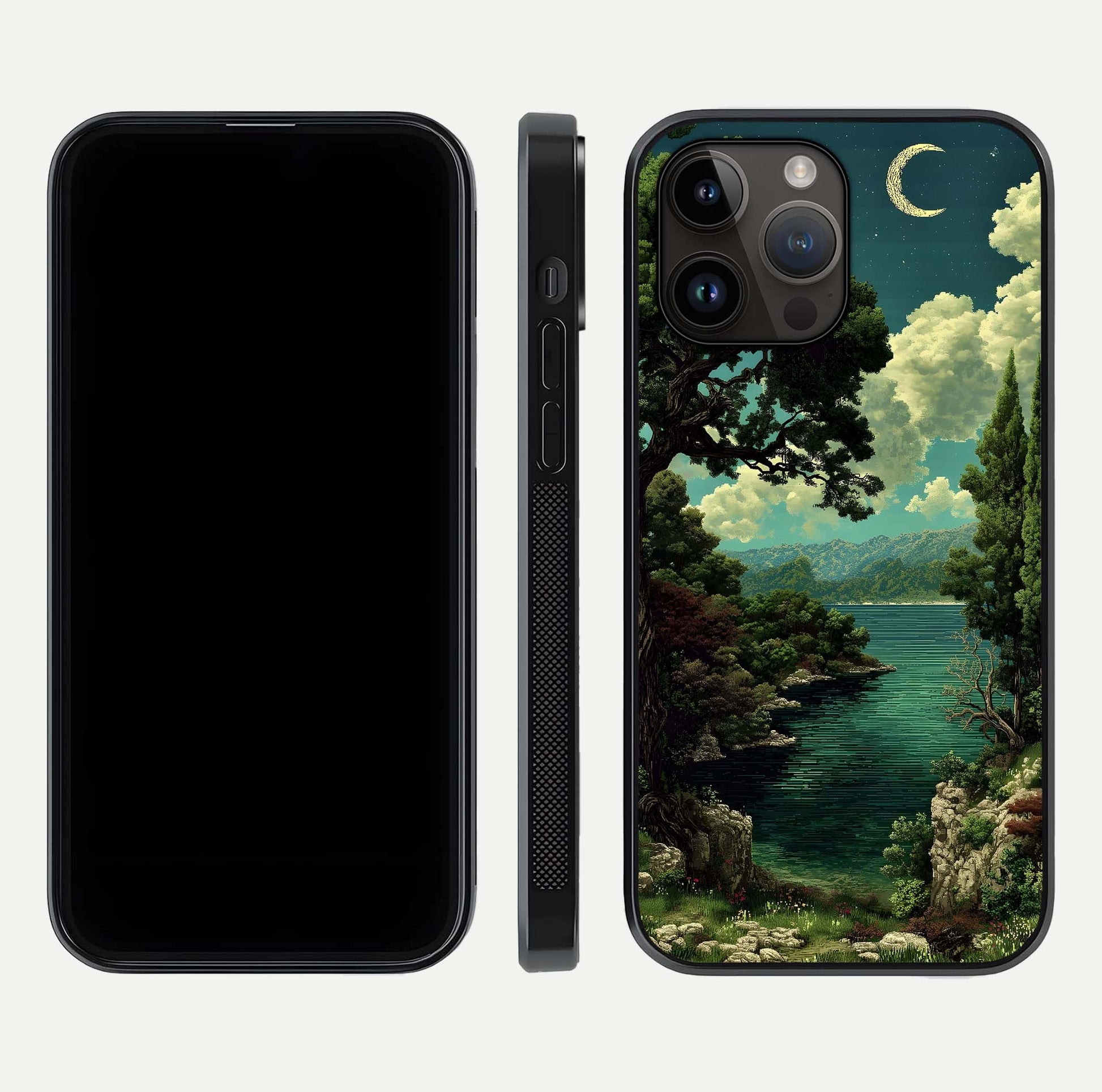 Celestial Lake Peace Glass Case for iPhone 14 Pro Max dual-view layout showing soft hues and HD shine