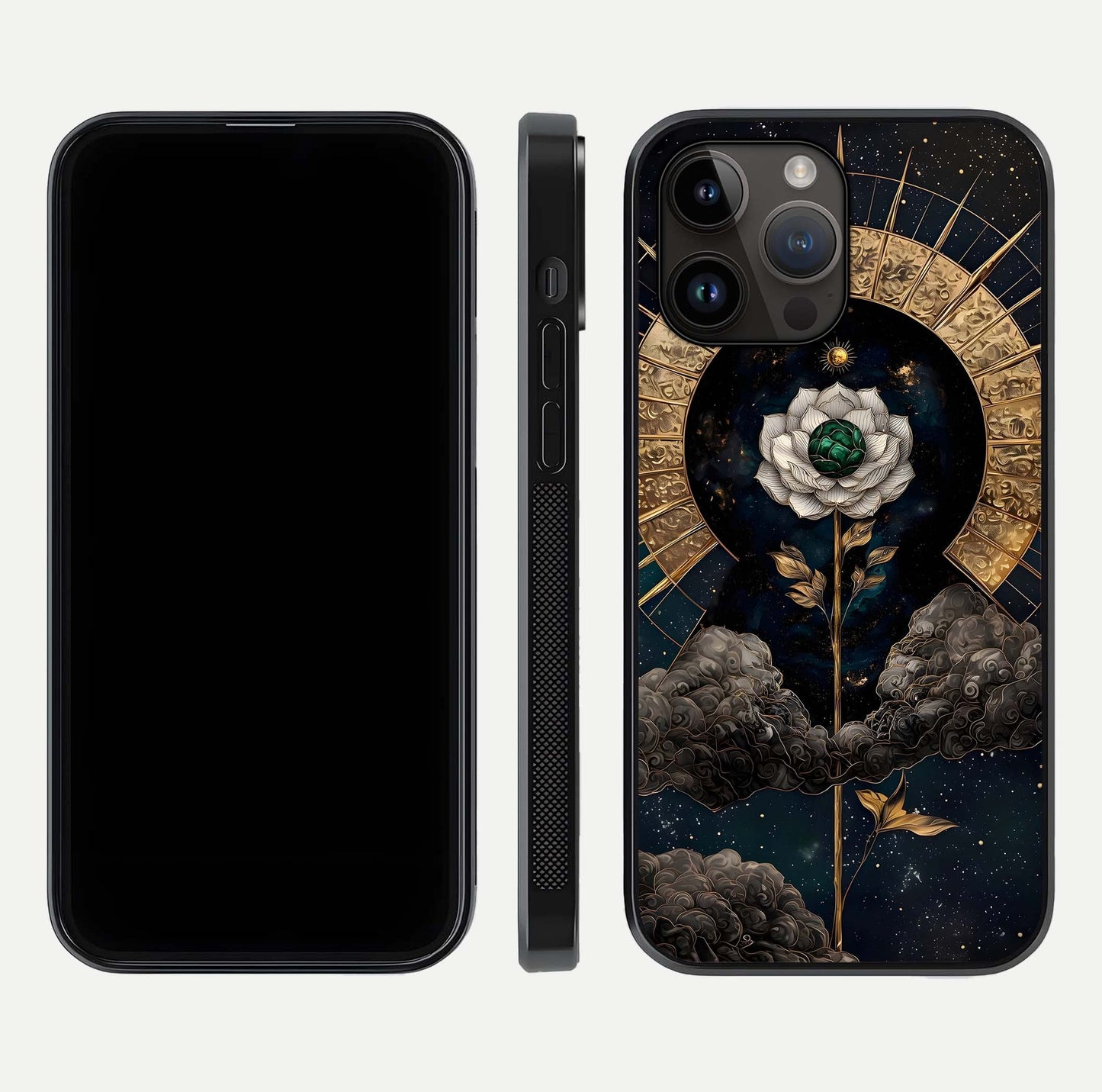Celestial Lotus Morang Glass Case for iPhone 14 Pro Max dual-view layout displaying floral symmetry and polished edges