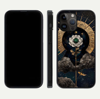 Celestial Lotus Morang Glass Case for iPhone 14 Pro Max dual-view layout displaying floral symmetry and polished edges