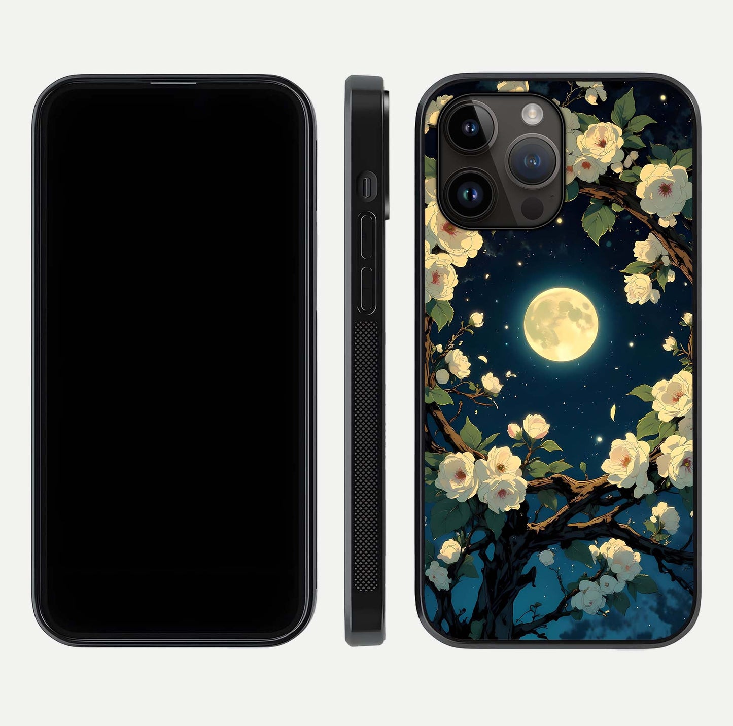 Celestial Moon & Flower Glass Case for iPhone 14 Pro Max dual-view layout showing balanced lunar art and gloss tone