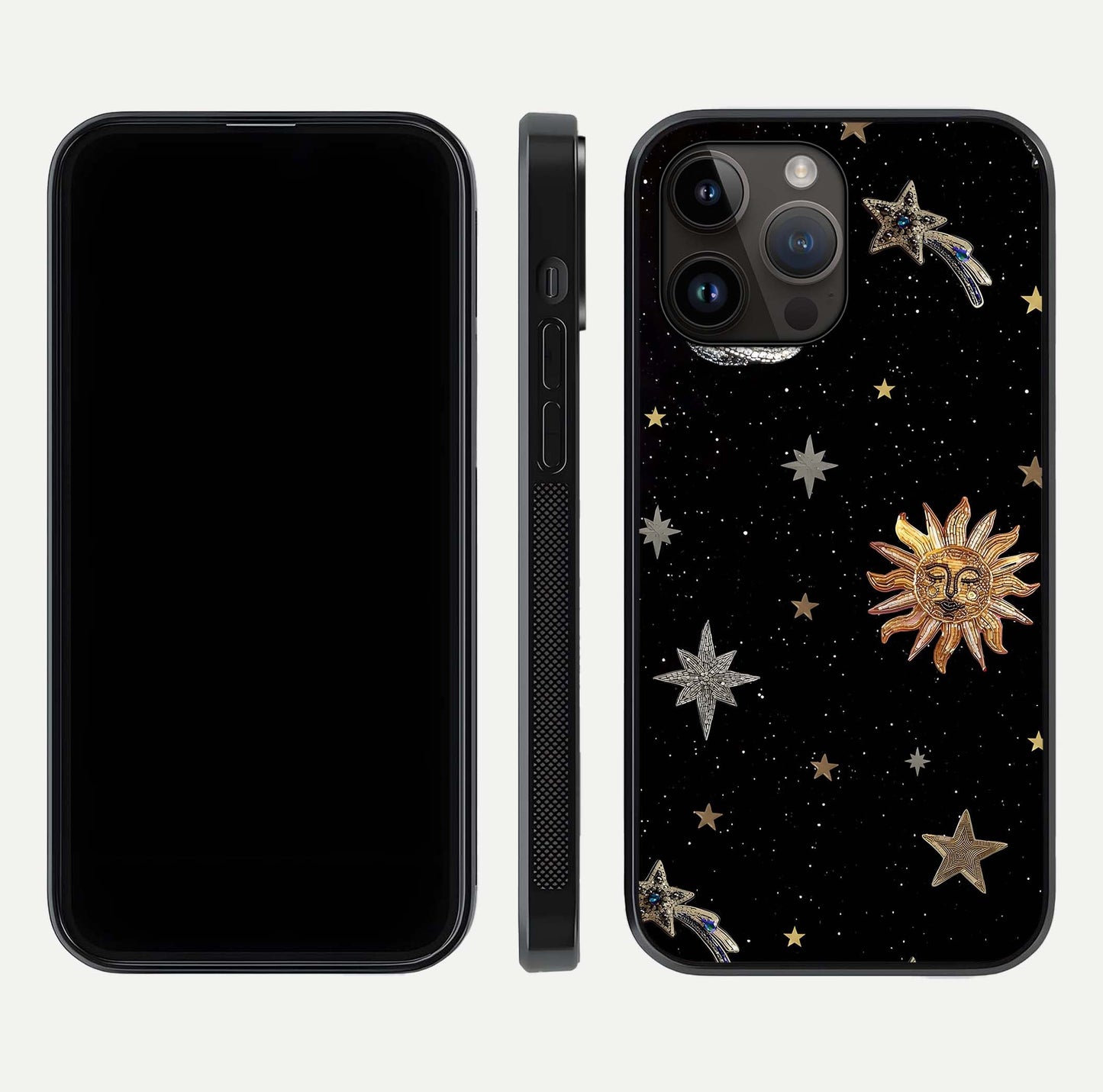 Celestial Moon With Stars Glass Case for iPhone 14 Pro Max front-and-back layout displaying lunar art and premium finish