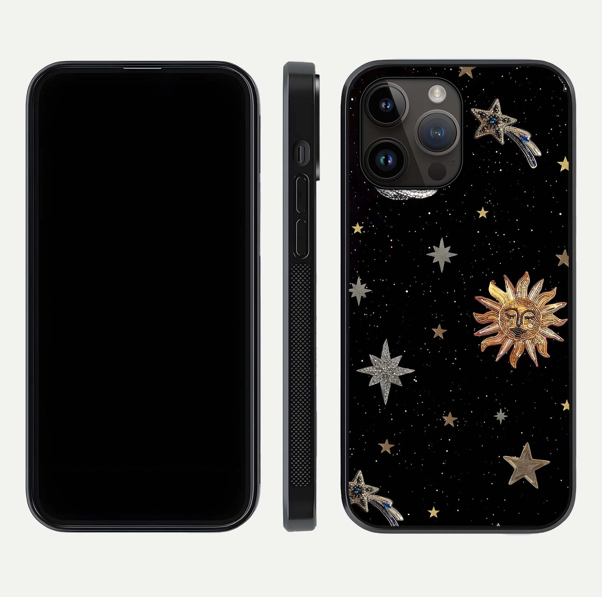 Celestial Moon With Stars Glass Case for iPhone 14 Pro Max front-and-back layout displaying lunar art and premium finish
