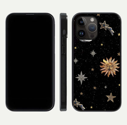 Celestial Moon With Stars Glass Case for iPhone 14 Pro Max front-and-back layout displaying lunar art and premium finish