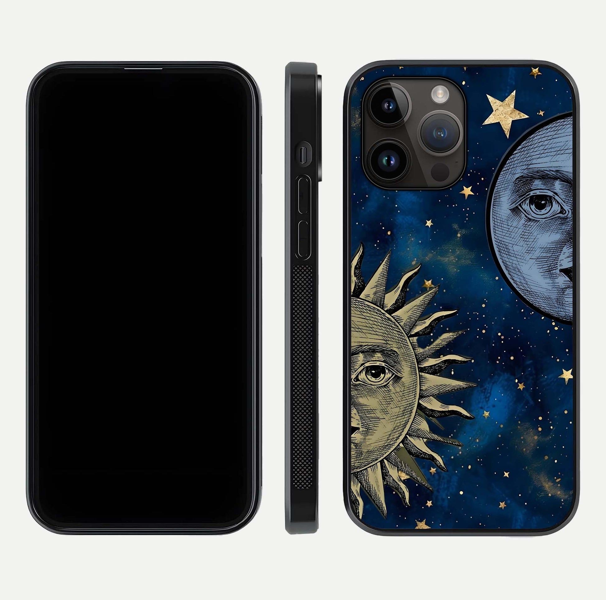 Celestial Moon With Sun Glass Case for iPhone 14 Pro Max dual-view layout showing luminous pattern and curved edges