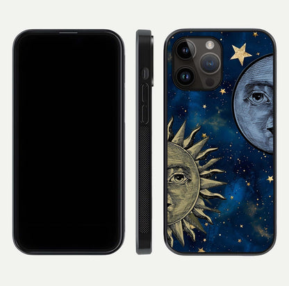 Celestial Moon With Sun Glass Case for iPhone 14 Pro Max dual-view layout showing luminous pattern and curved edges