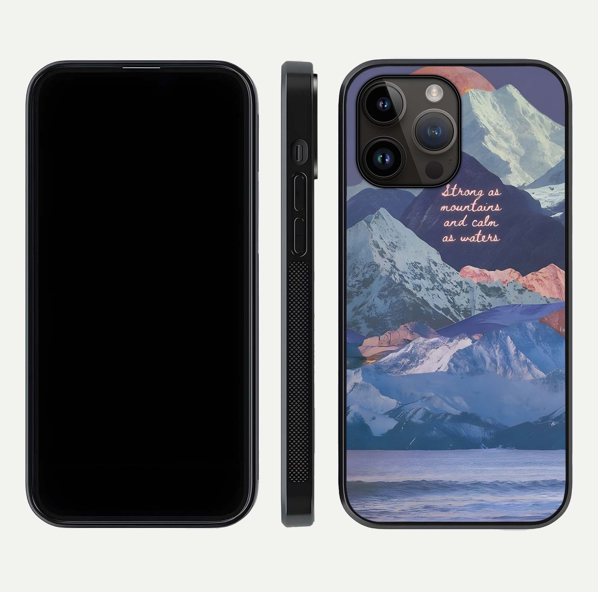 Celestial Mountain Calm Glass Case for iPhone 14 Pro Max dual-view layout displaying scenic tones and curved finish