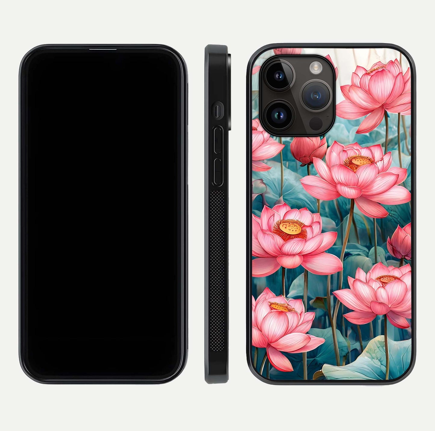 Celestial Pink Lotus Glass Case for iPhone 14 Pro Max dual-view layout showing floral center and smooth edges