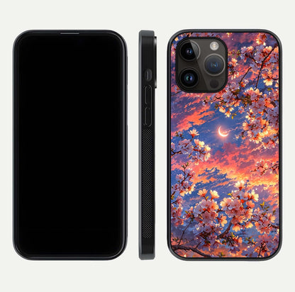Celestial Sakura Sunset Glass Case for iPhone 14 Pro Max dual-view layout showing floral gradient and reflection polish