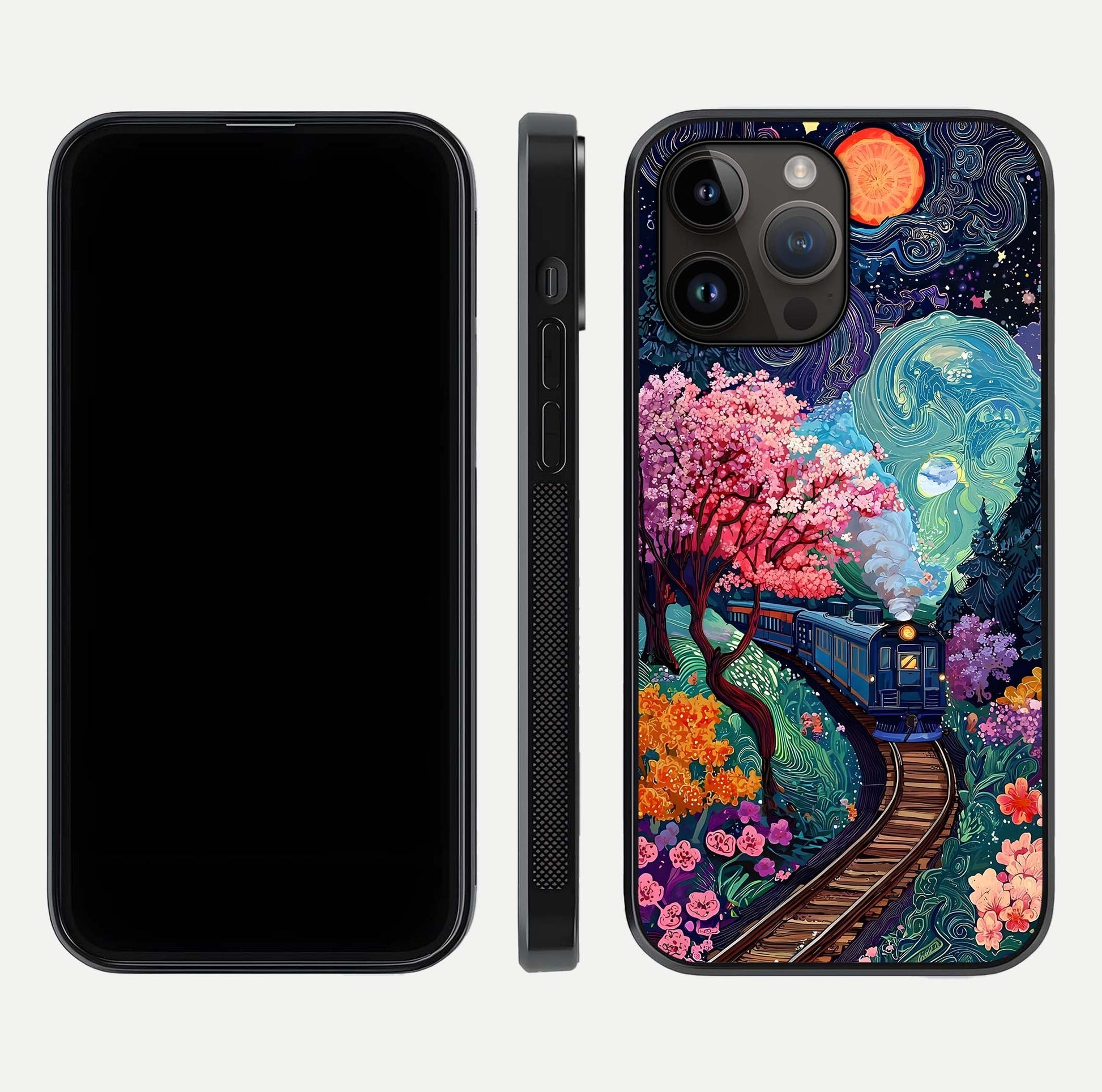 Celestial Train Journey Glass Case for iPhone 14 Pro Max dual-view layout showing cosmic art balance and curved glass edges