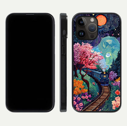 Celestial Train Journey Glass Case for iPhone 14 Pro Max dual-view layout showing cosmic art balance and curved glass edges