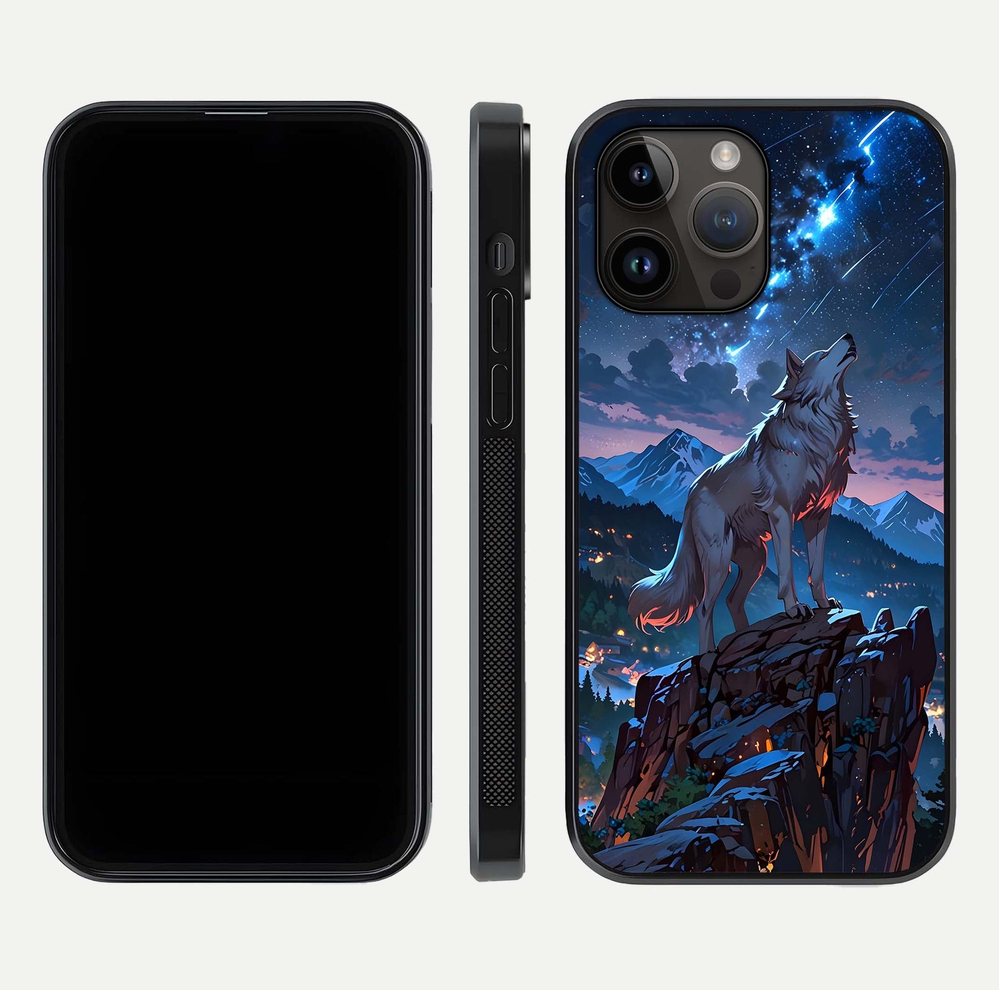 Celestial Wolf Howl Glass Case for iPhone 14 Pro Max dual-view layout displaying night tones and protective glass edges