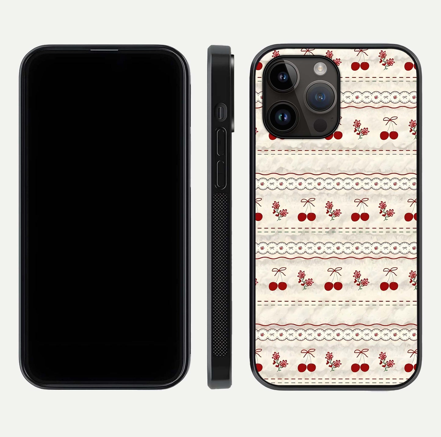 Cherry Bloom Charm Glass Case for iPhone 14 Pro Max front-and-back layout displaying floral art and smooth finish