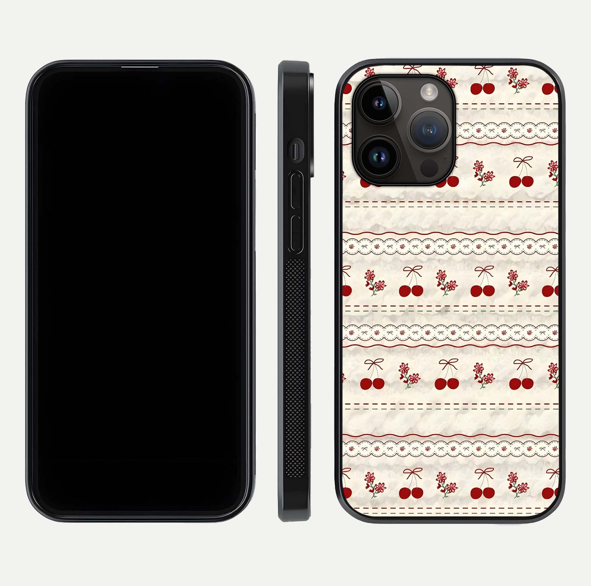 Cherry Bloom Charm Glass Case for iPhone 14 Pro Max front-and-back layout displaying floral art and smooth finish