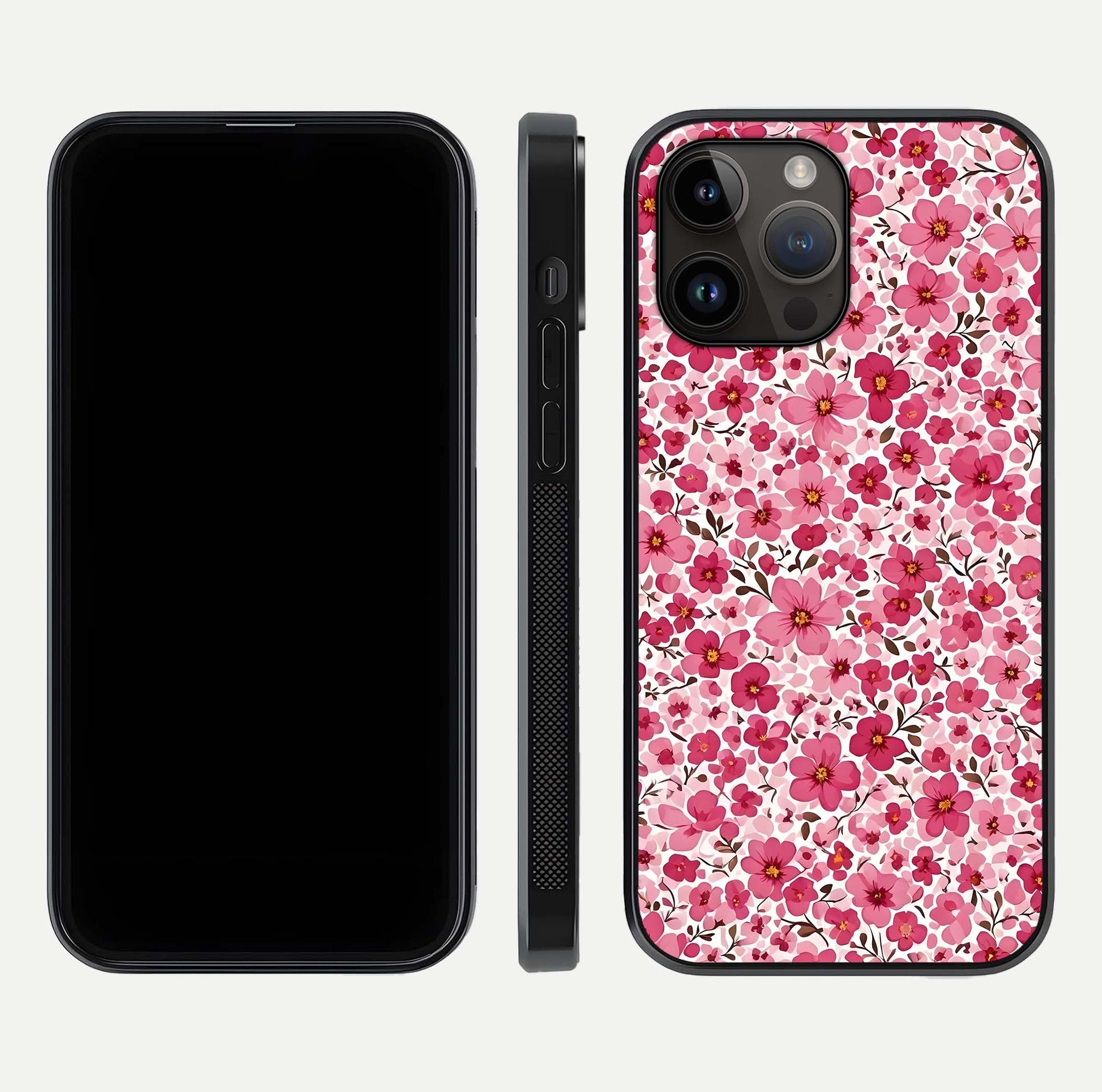 Cherry Blossom Charm Glass Case for iPhone 14 Pro Max dual-view layout showing elegant floral balance and HD gloss