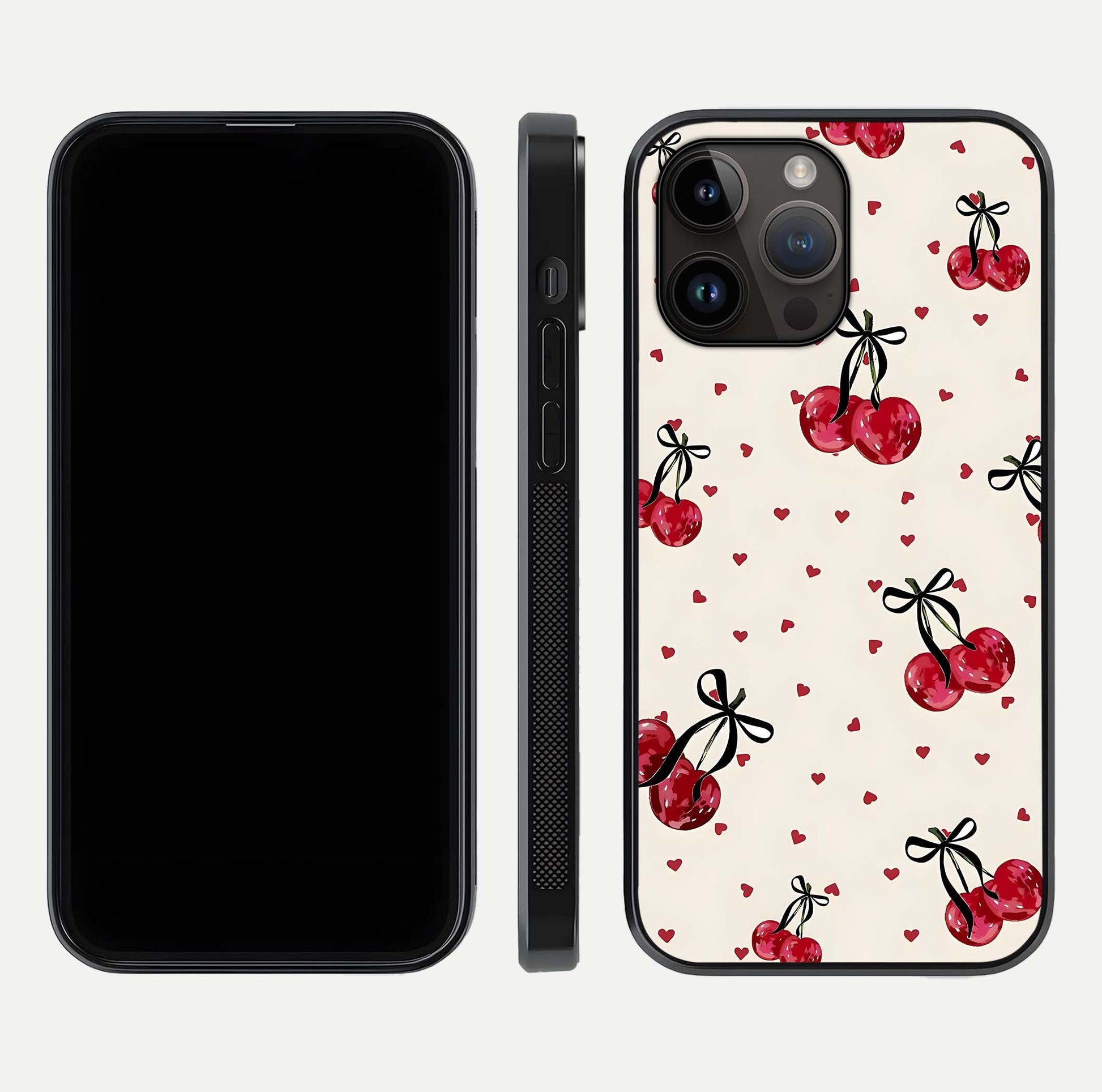 Cherry Heart Bow Glass Case for iPhone 14 Pro Max front-and-back view showing design clarity and edge protection