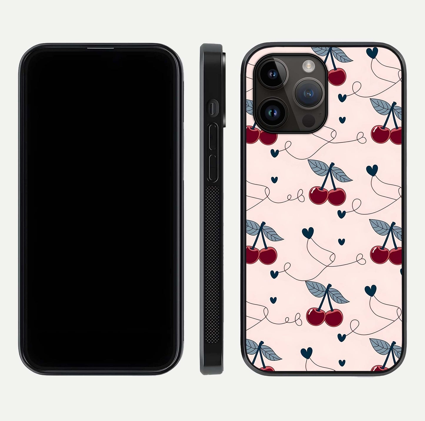Cherry Heart Line Glass Case for iPhone 14 Pro Max dual-view layout displaying minimal cherry motif and edge design