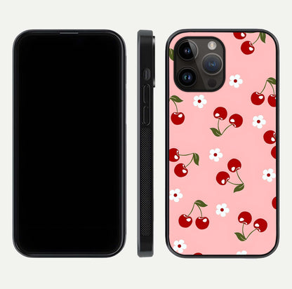 Cherry Love Mood Glass Case for iPhone 14 Pro Max dual-view layout showing design alignment and curved edges