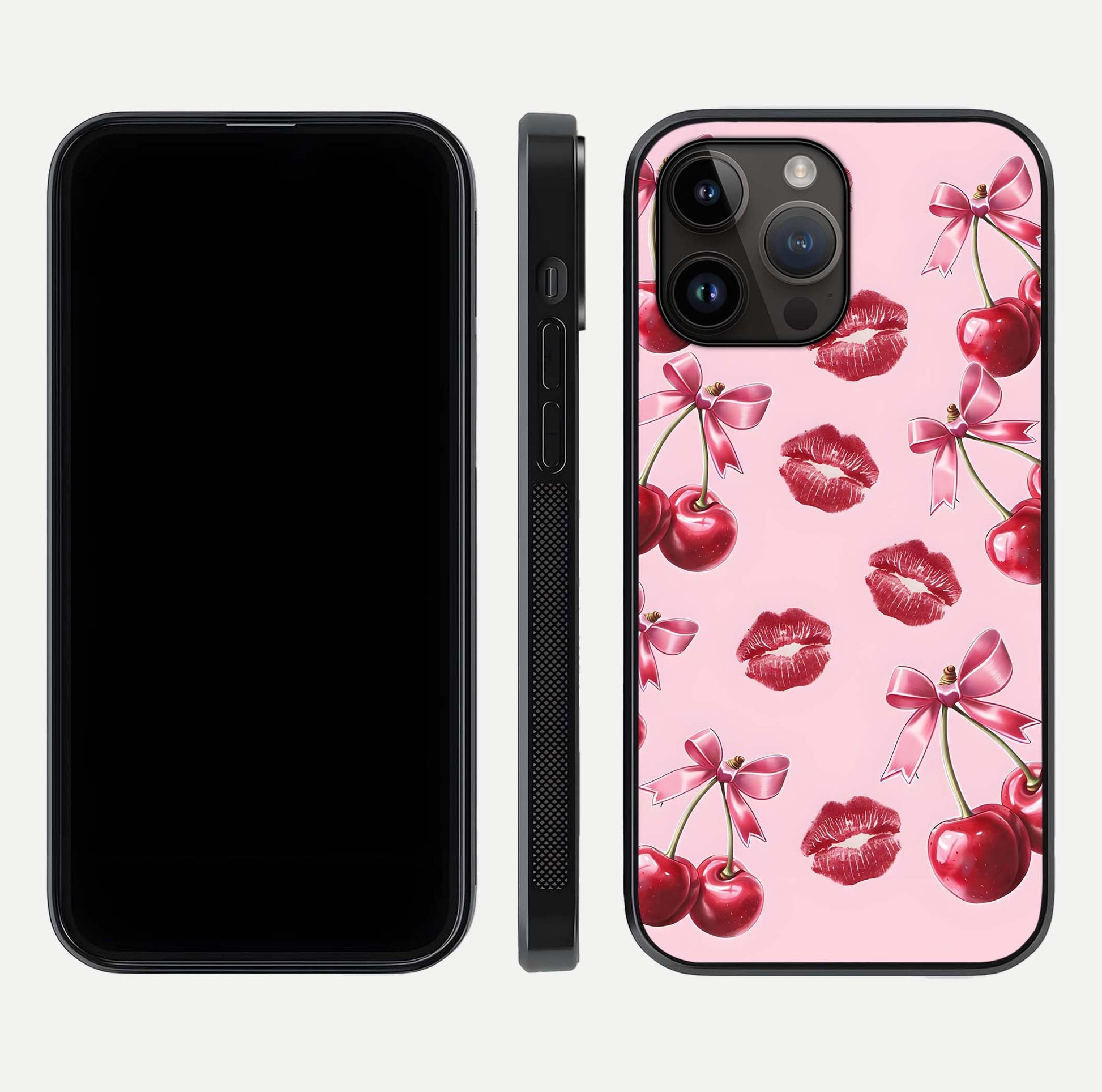 Cherry With Lips Glass Case for iPhone 14 Pro Max front-and-back layout displaying detailed design and glass finish