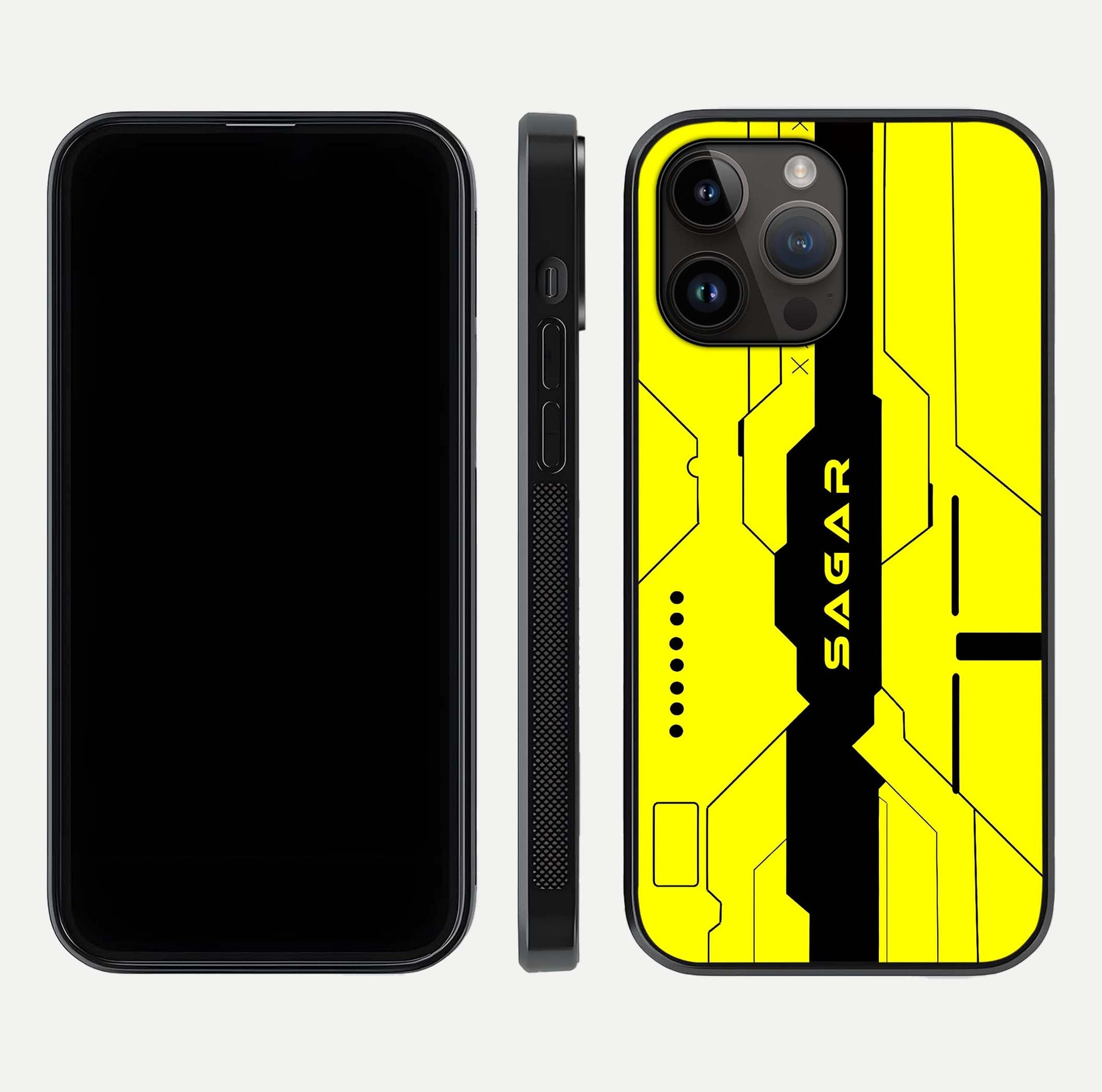 Circuit CYBERPUNK Custom Name Glass Case for iPhone 14 Pro Max dual-view layout showing bold tech art and edge clarity