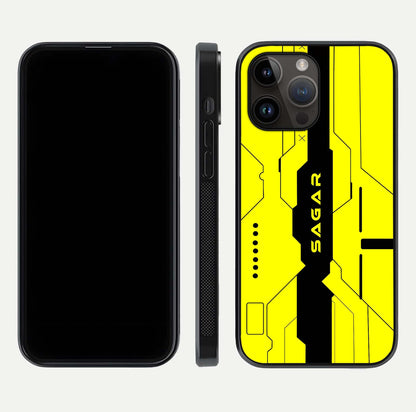 Circuit CYBERPUNK Custom Name Glass Case for iPhone 14 Pro Max dual-view layout showing bold tech art and edge clarity