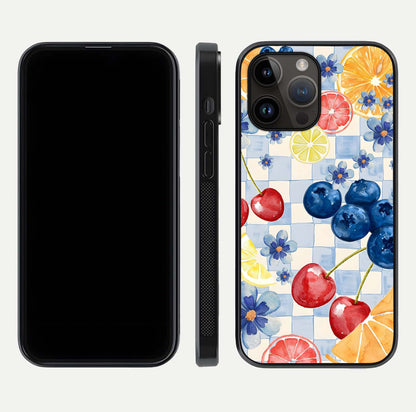 Citrus Bloom Joy Glass Case for iPhone 14 Pro Max dual-view layout displaying colorful print and smooth edges